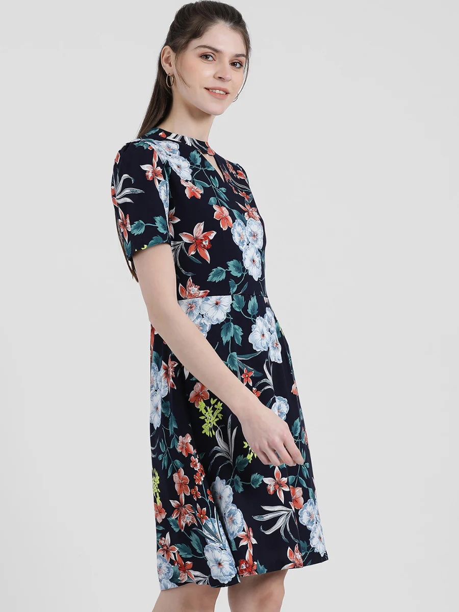 Blue Floral Printed A-Line Dress - Image 4