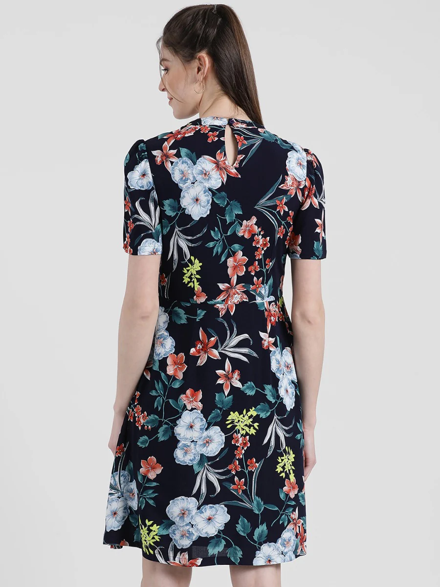 Blue Floral Printed A-Line Dress - Image 5
