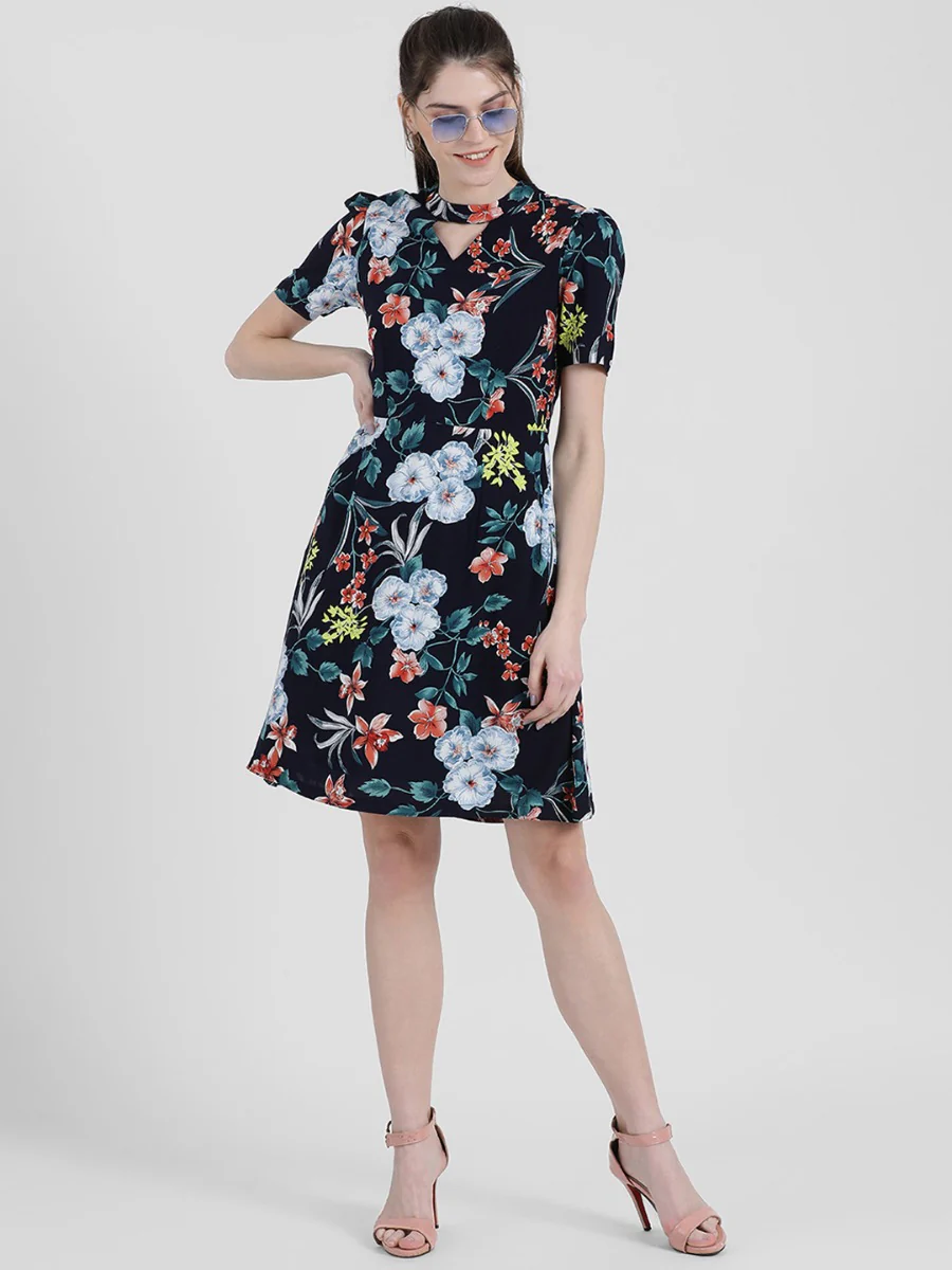 Blue Floral Printed A-Line Dress - Image 6