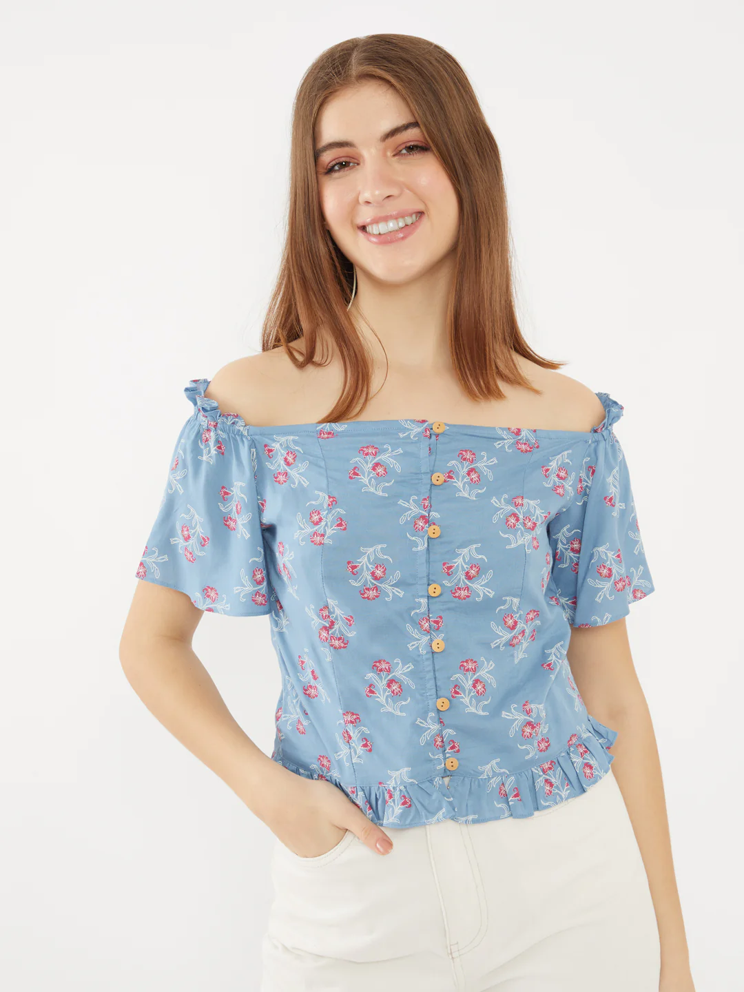 Blue Floral Printed Off-Shoulder Top - Image 2