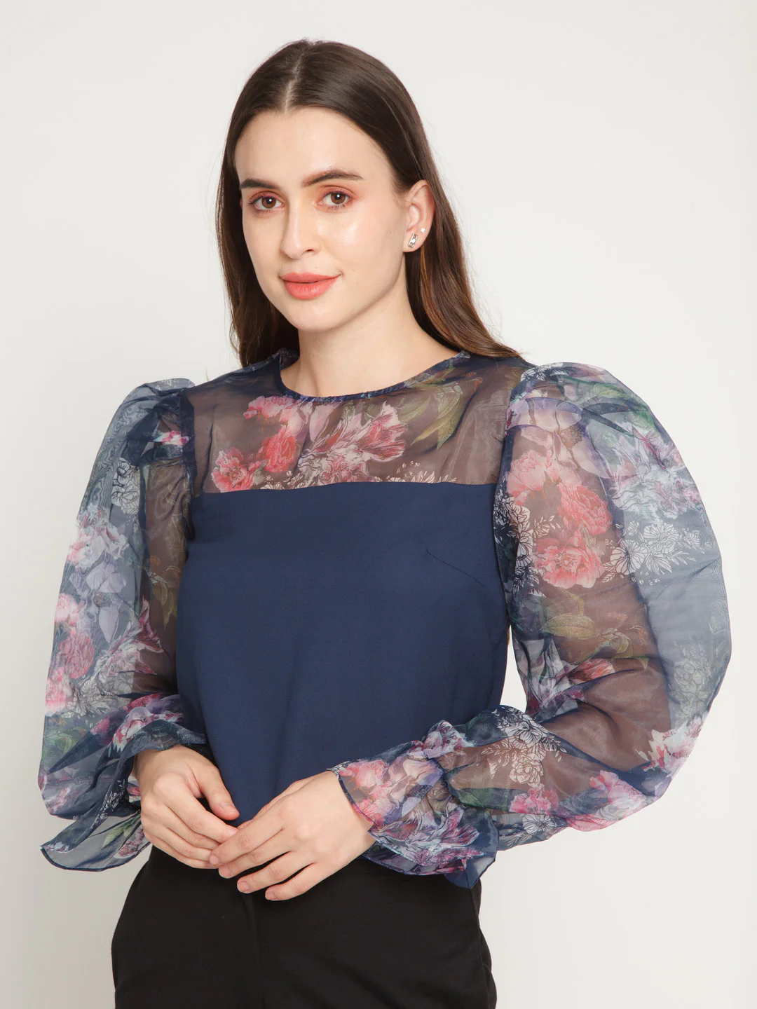 Blue Floral Printed Puff Sleeve Top - Image 3