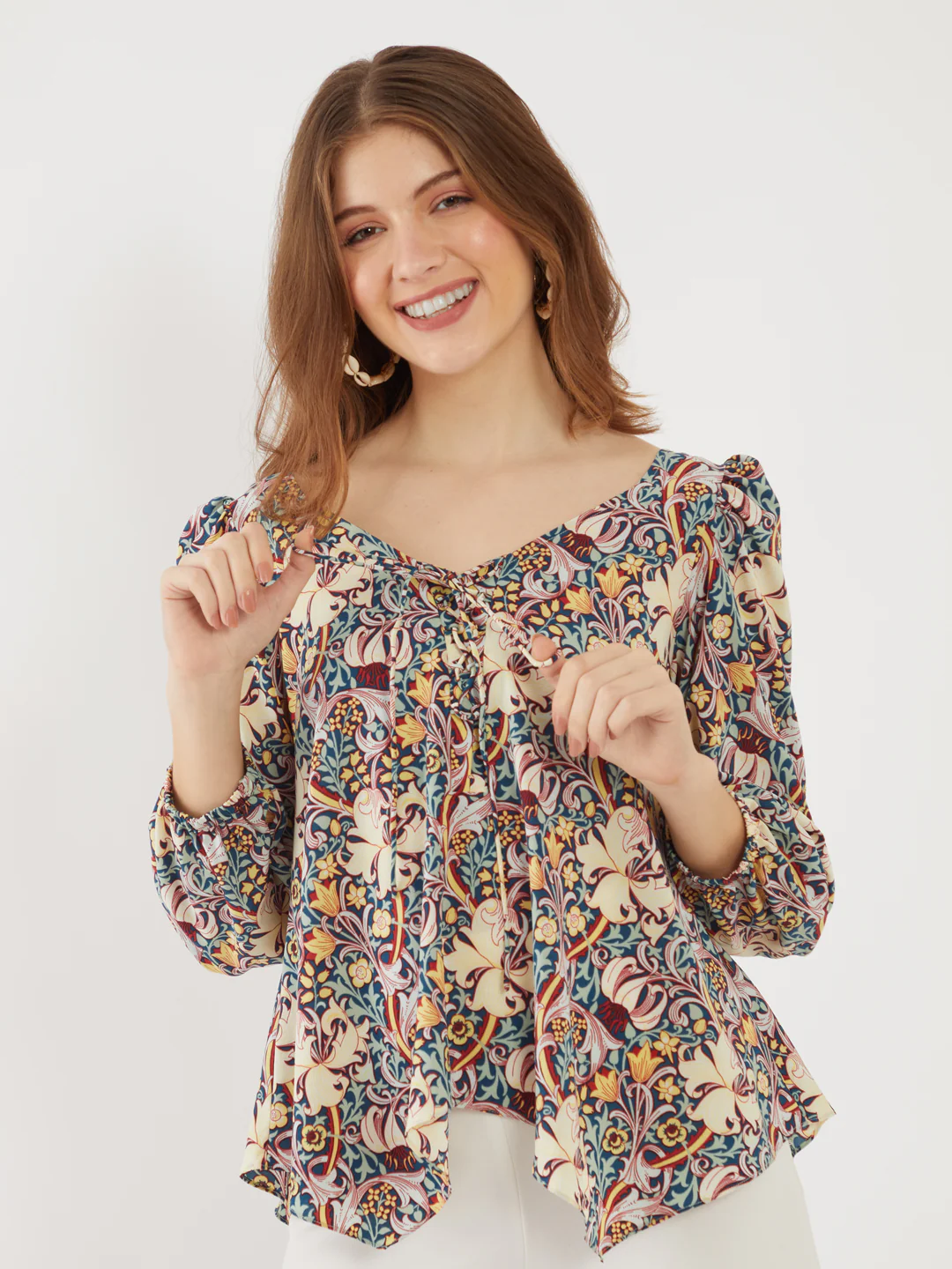 Blue Floral Printed Puff Sleeve Top - Image 2