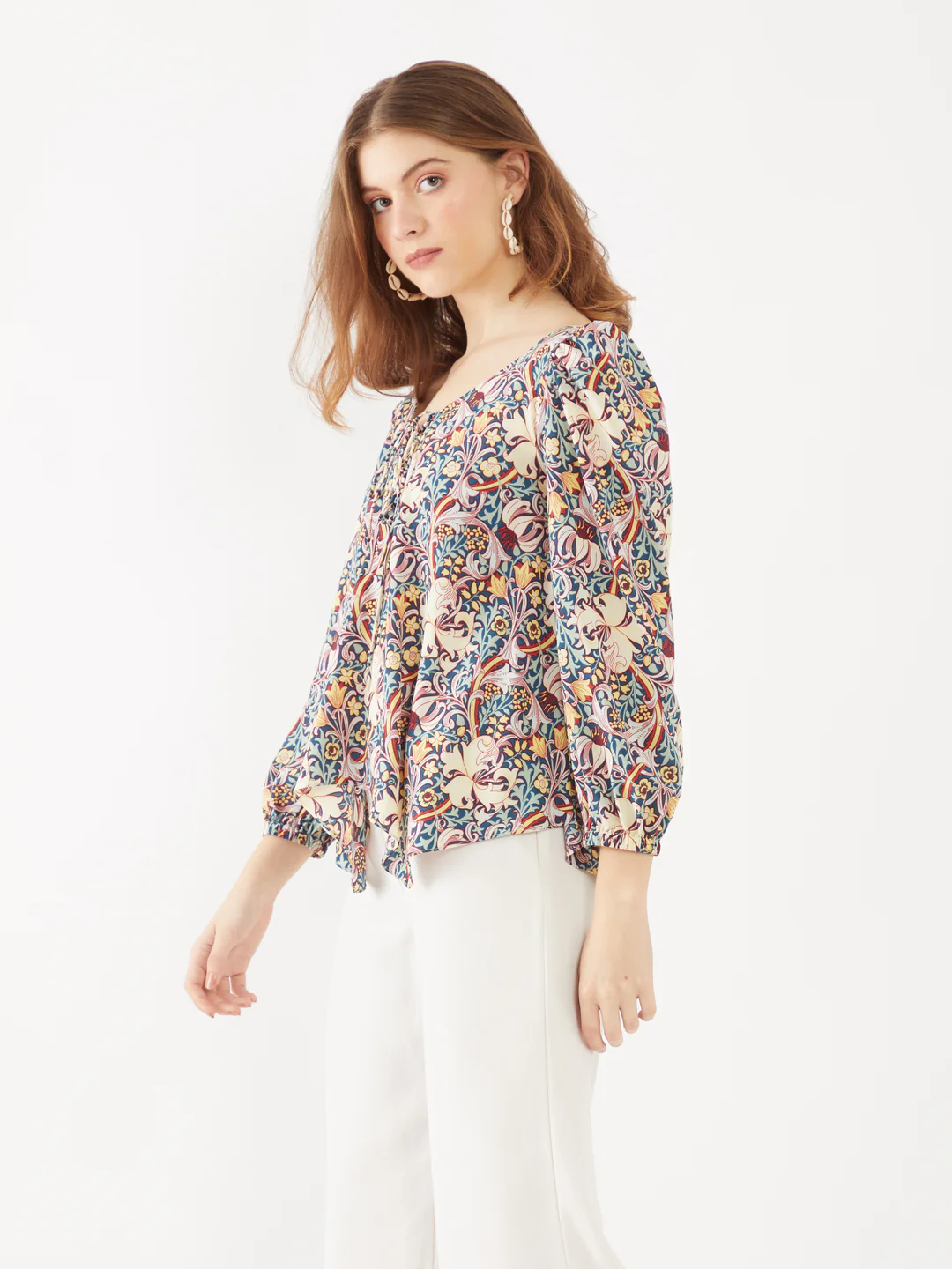 Blue Floral Printed Puff Sleeve Top - Image 3