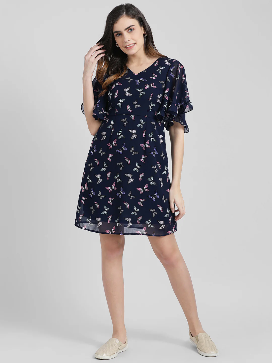 Blue Floral Print Flared Sleeve Short Dress