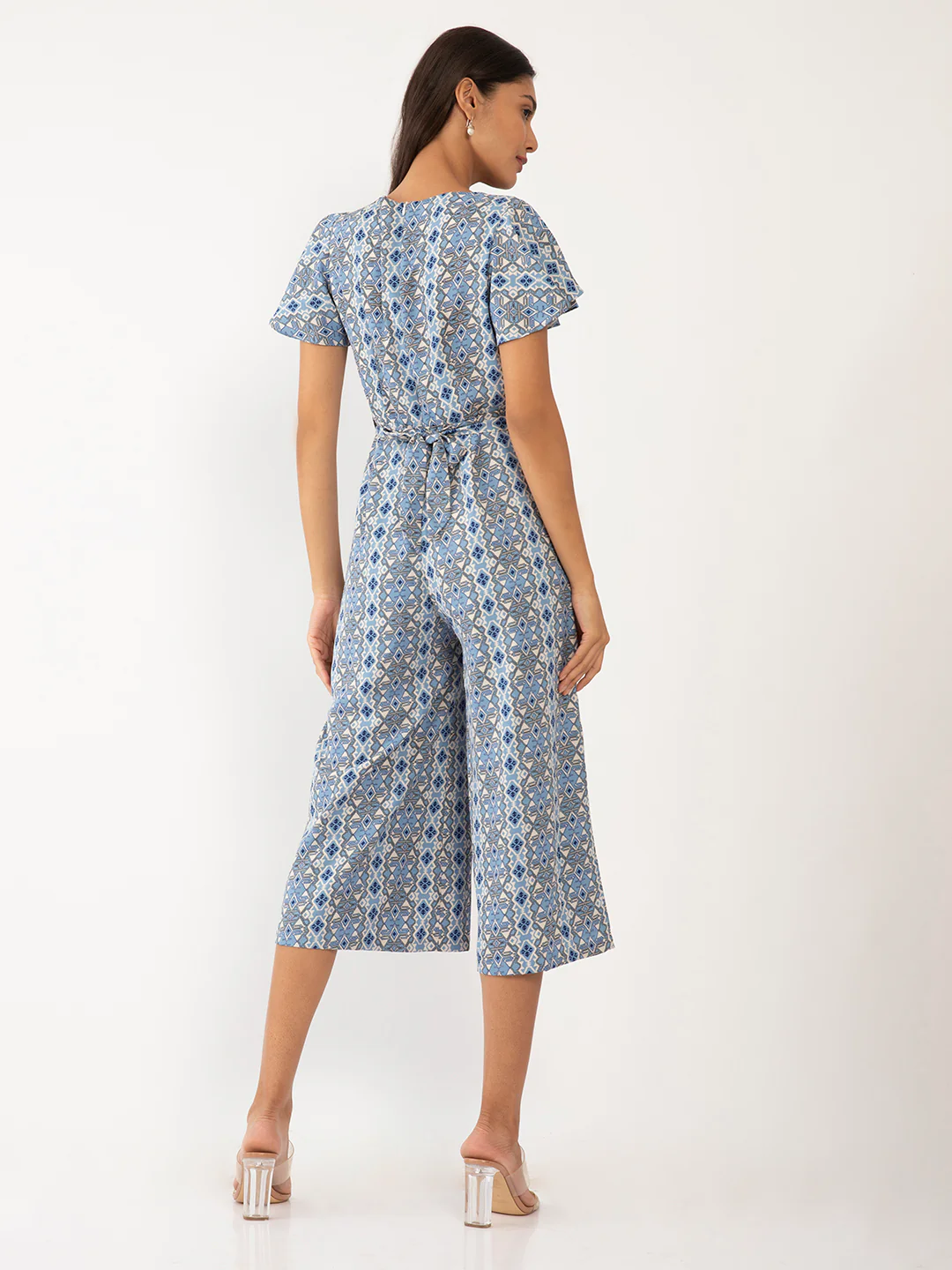 Blue Geometric Print Flared Sleeve Jumpsuit - Image 2