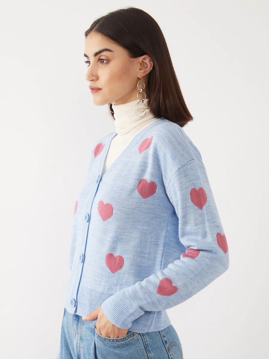 Blue Jacquard Crop Cardigan - Image 2