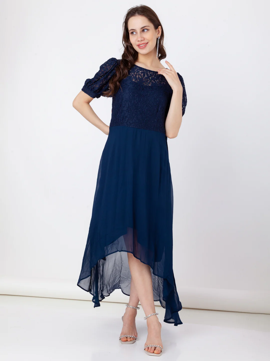 Blue Lace Flared Midi Dress