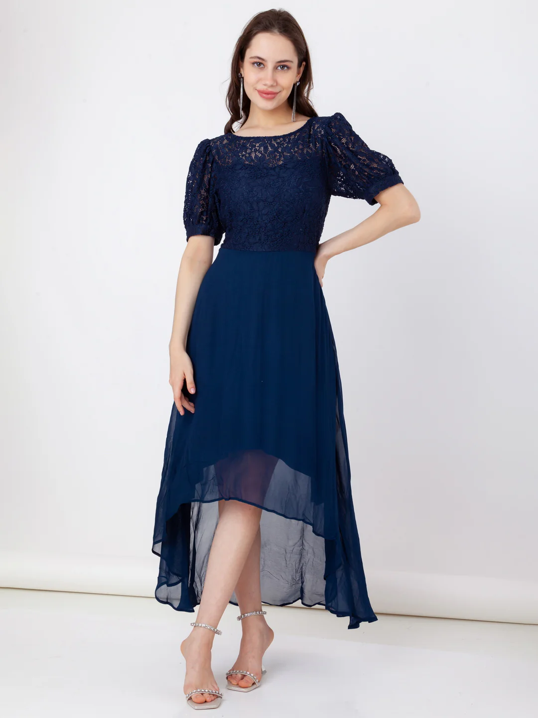 Blue Lace Flared Midi Dress - Image 2
