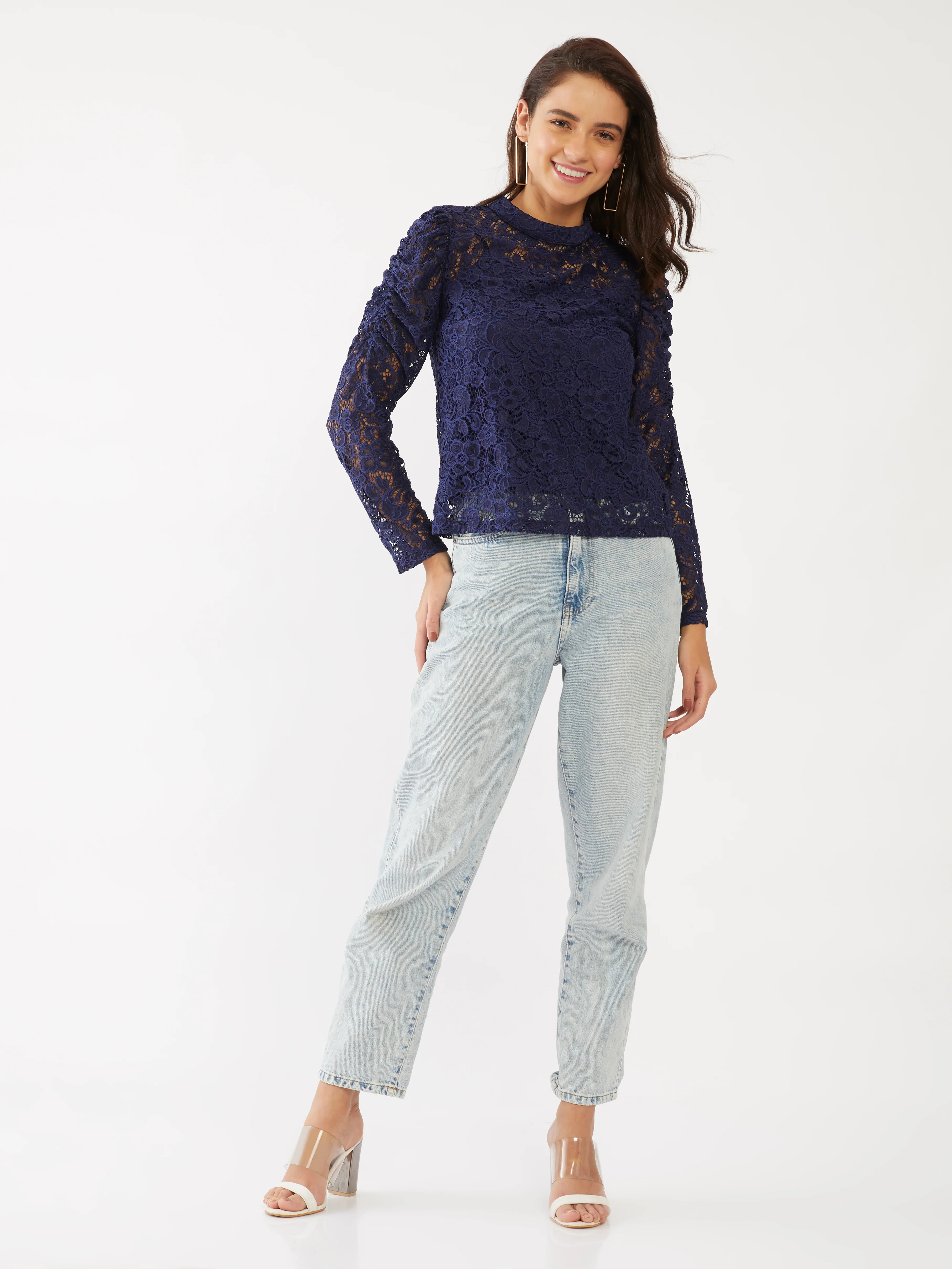 Blue Lace Puff Sleeve Top - Image 5