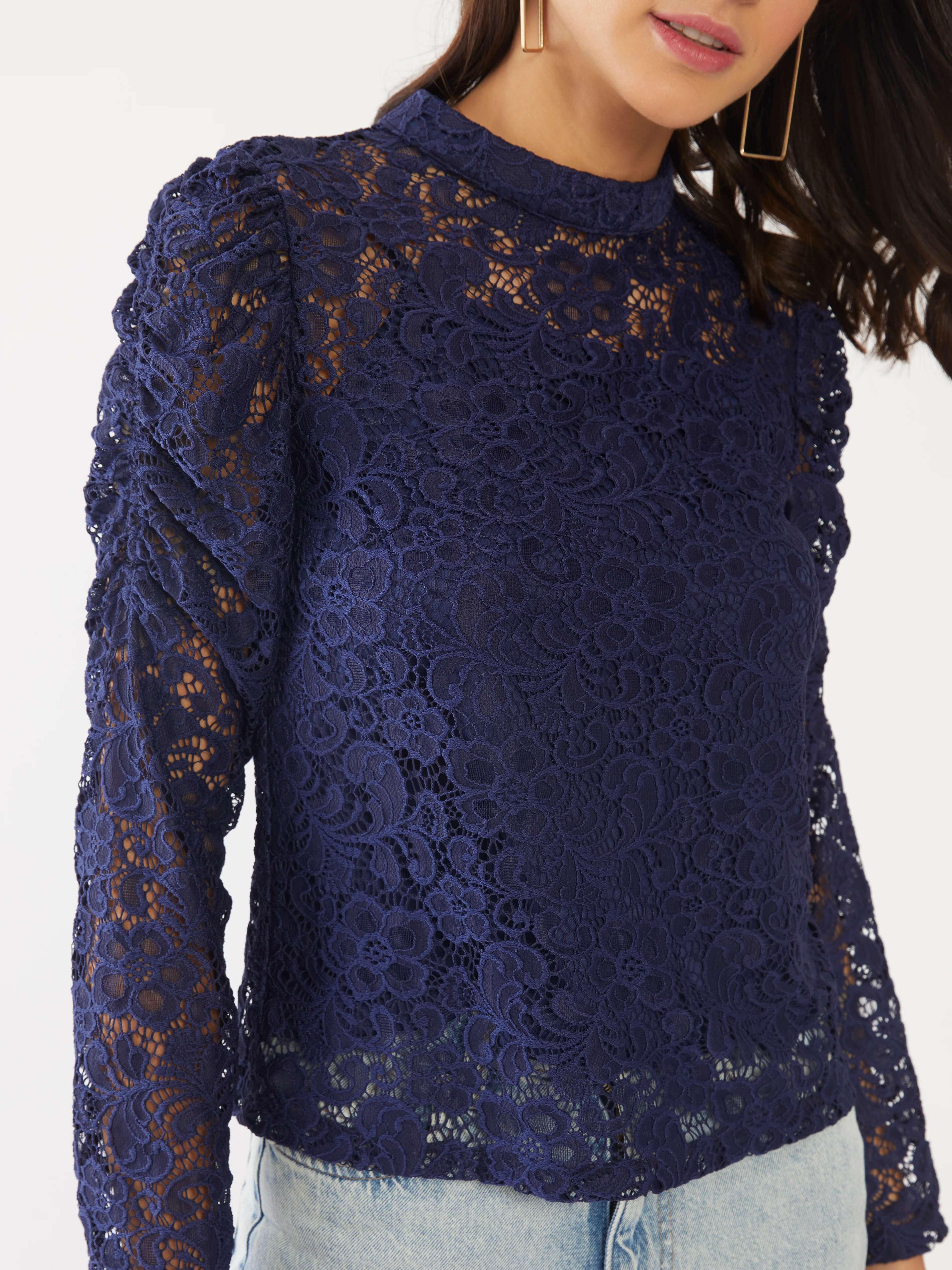Blue Lace Puff Sleeve Top - Image 6