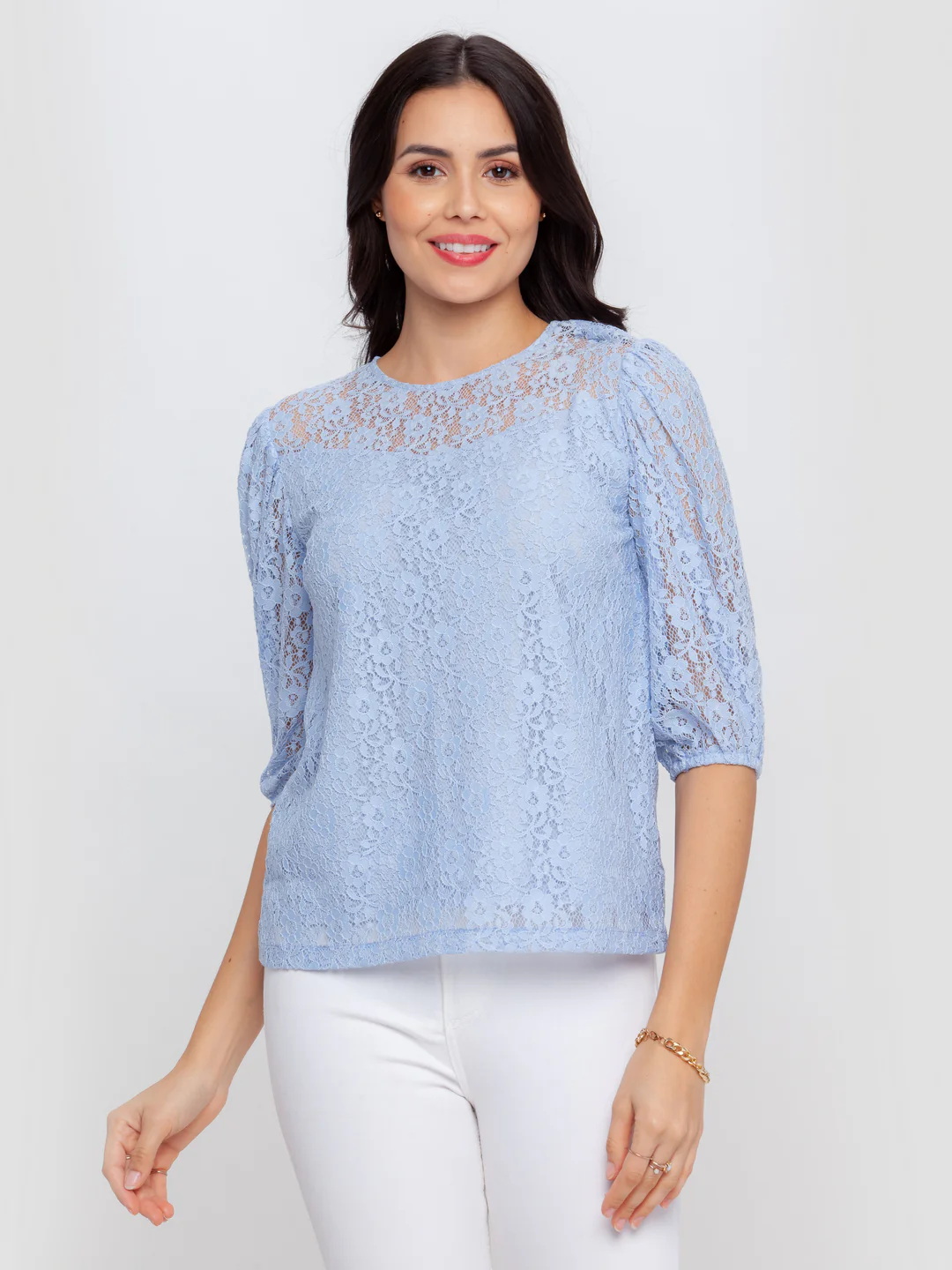 Blue Lace Puff Sleeve Top - Image 2