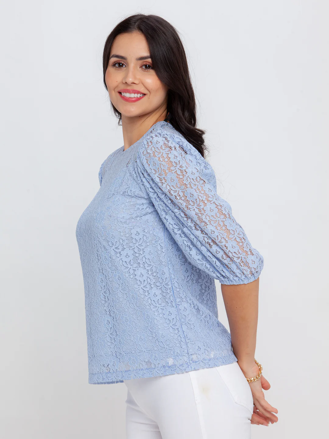 Blue Lace Puff Sleeve Top - Image 3