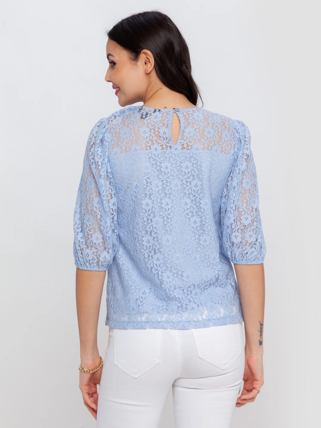 Blue Lace Puff Sleeve Top - Image 4