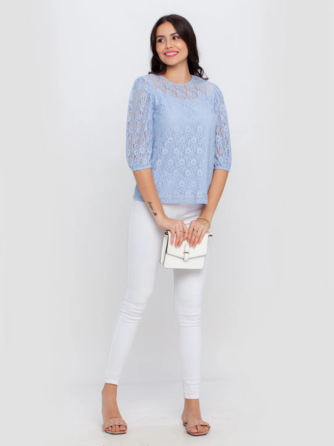 Blue Lace Puff Sleeve Top - Image 5