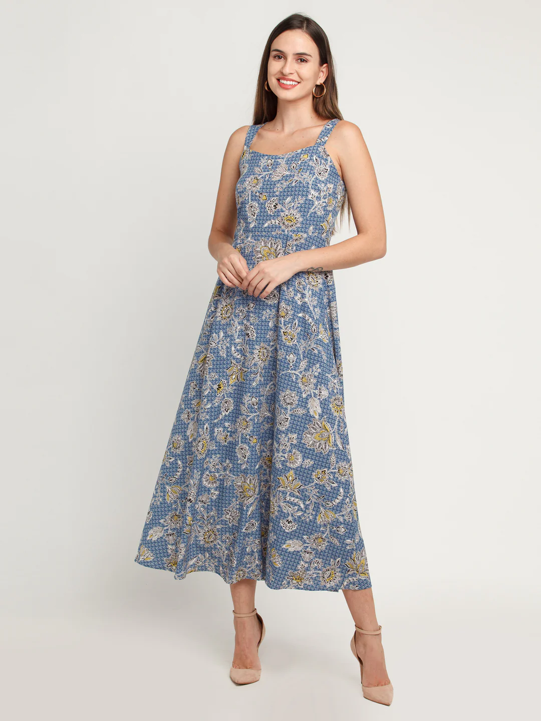 Blue Printed Elasticated Maxi Dress - Image 5