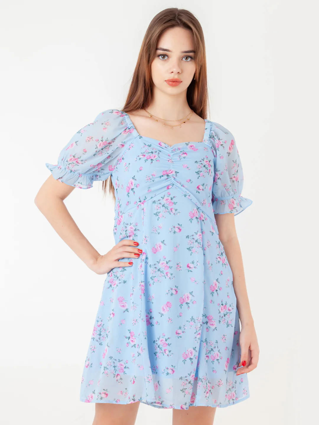 Blue Printed Empire Short Dress - Image 2