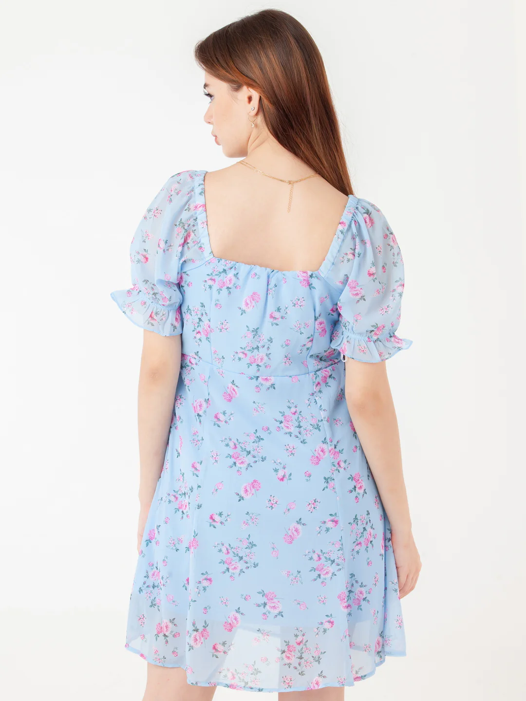 Blue Printed Empire Short Dress - Image 4