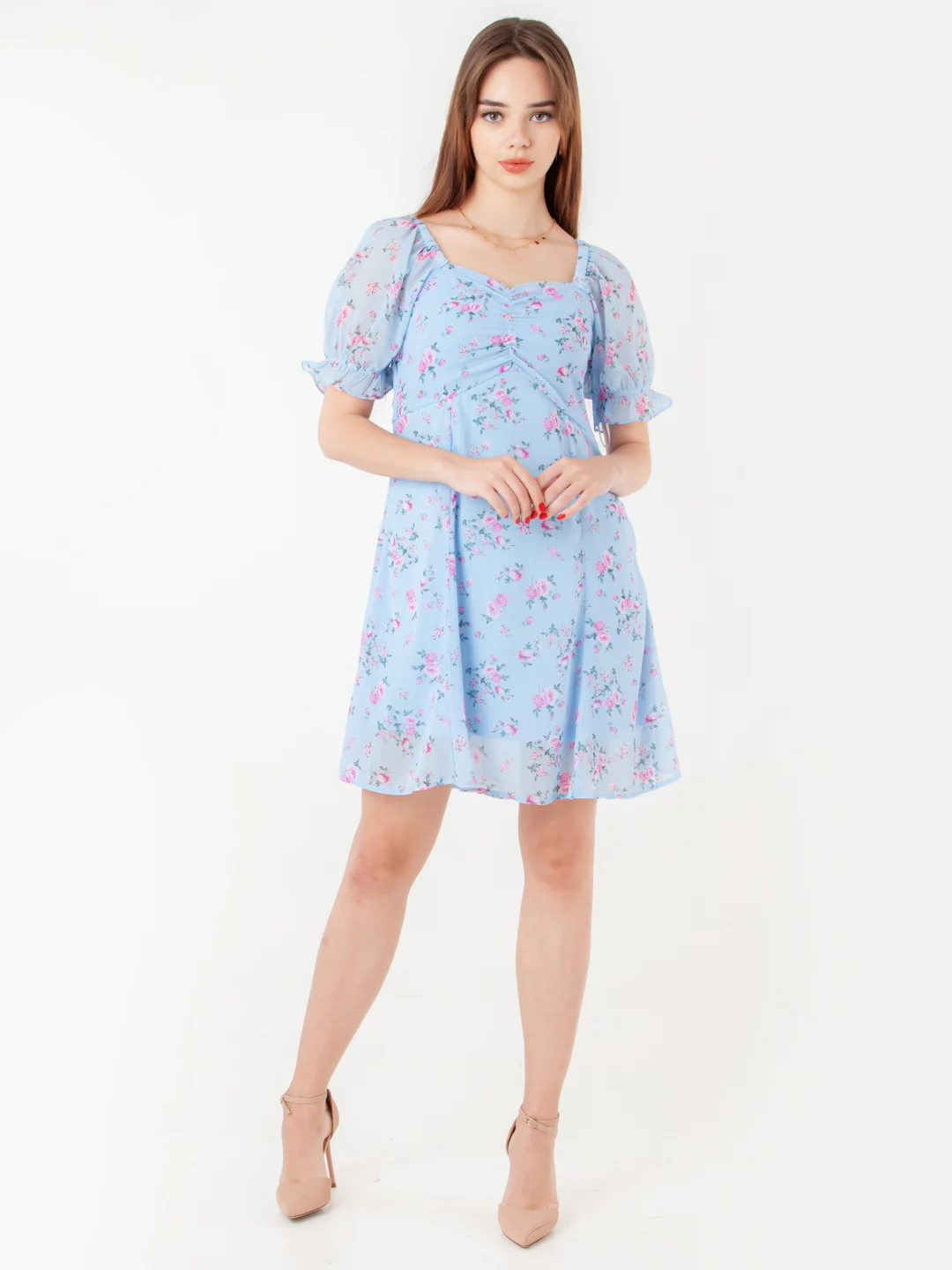 Blue Printed Empire Short Dress - Image 5