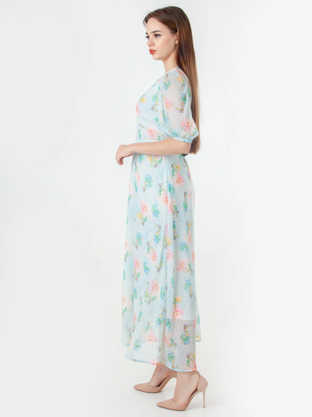 Blue Printed Flared Maxi Dress - Image 3