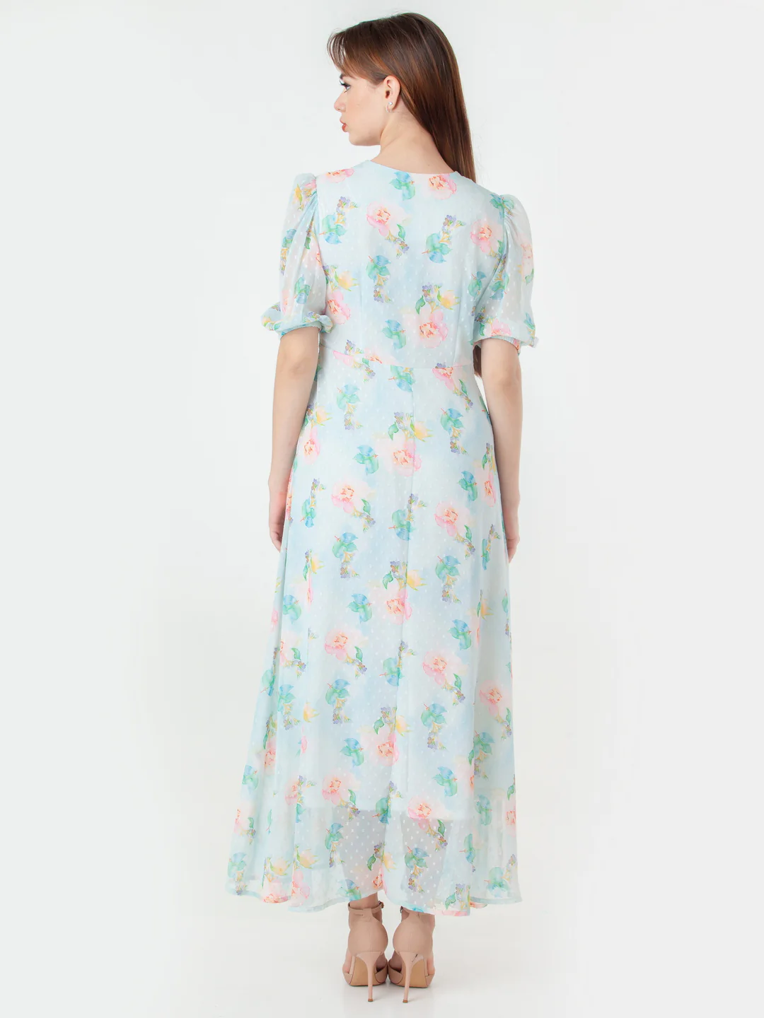 Blue Printed Flared Maxi Dress - Image 4
