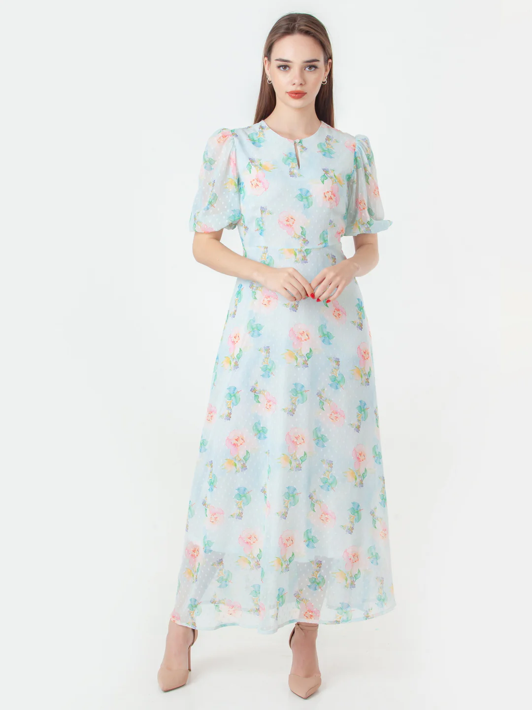 Blue Printed Flared Maxi Dress - Image 5
