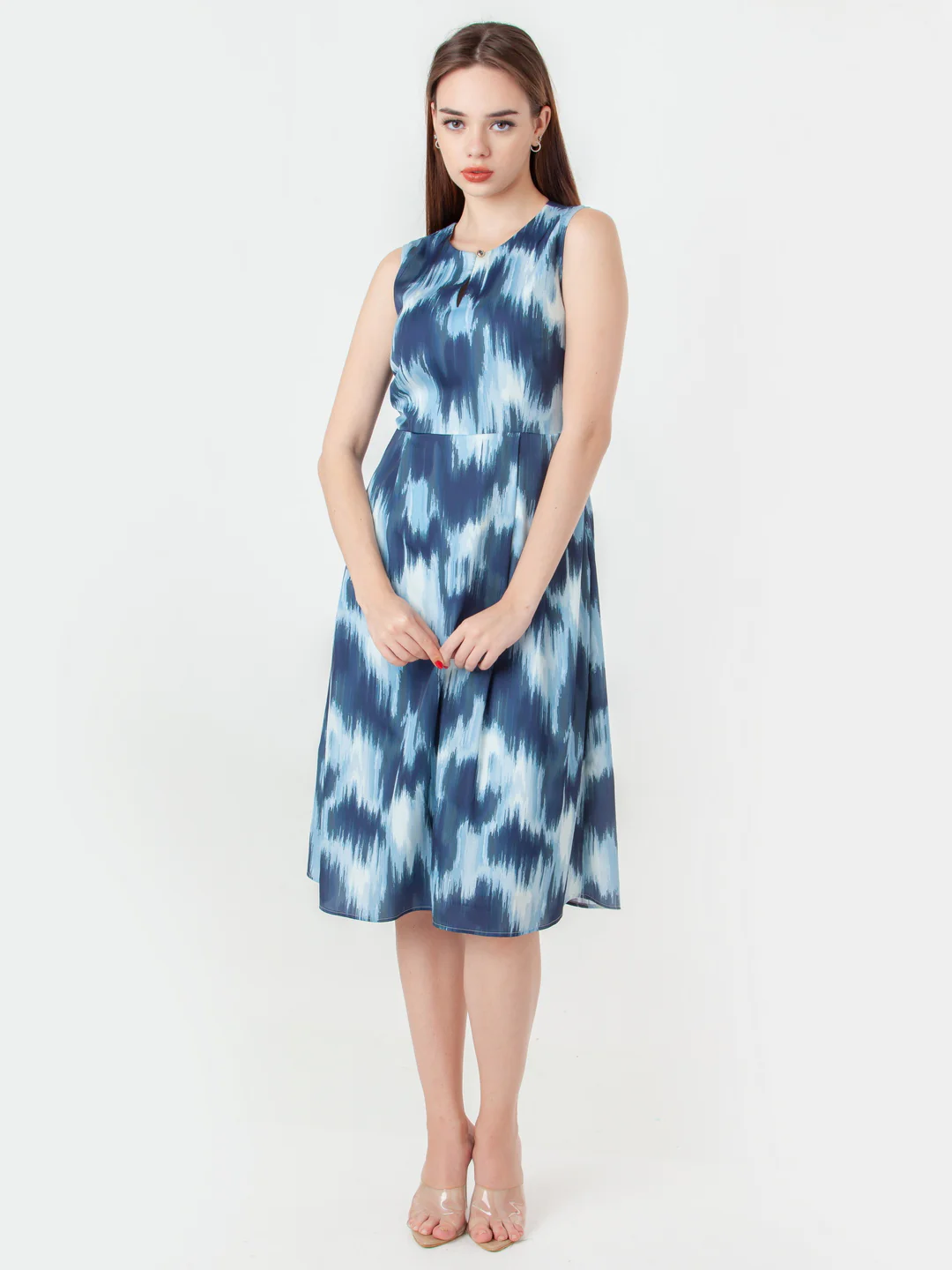 Blue Printed Flared Midi Dress - Image 5