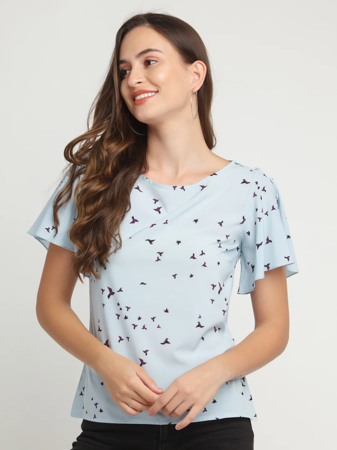 Blue Printed Flared Sleeve Top - Image 2
