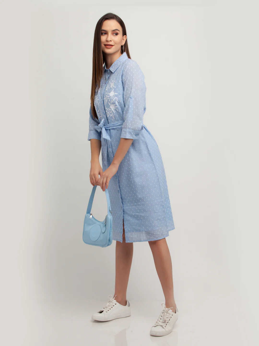 Blue Printed Long Sleeves Midi Dress - Image 3