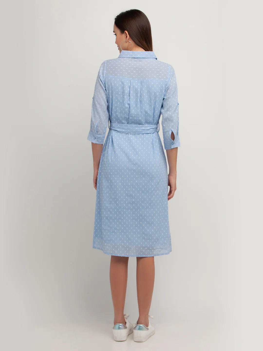 Blue Printed Long Sleeves Midi Dress - Image 4