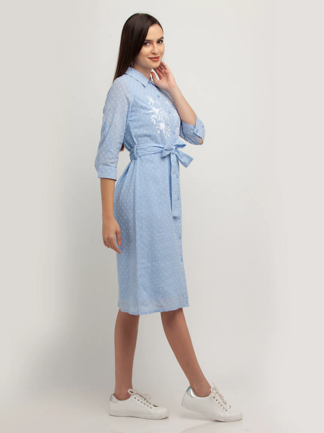 Blue Printed Long Sleeves Midi Dress - Image 5