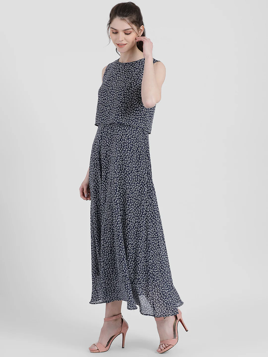 Blue Floral Print Layered Maxi Dress - Image 2