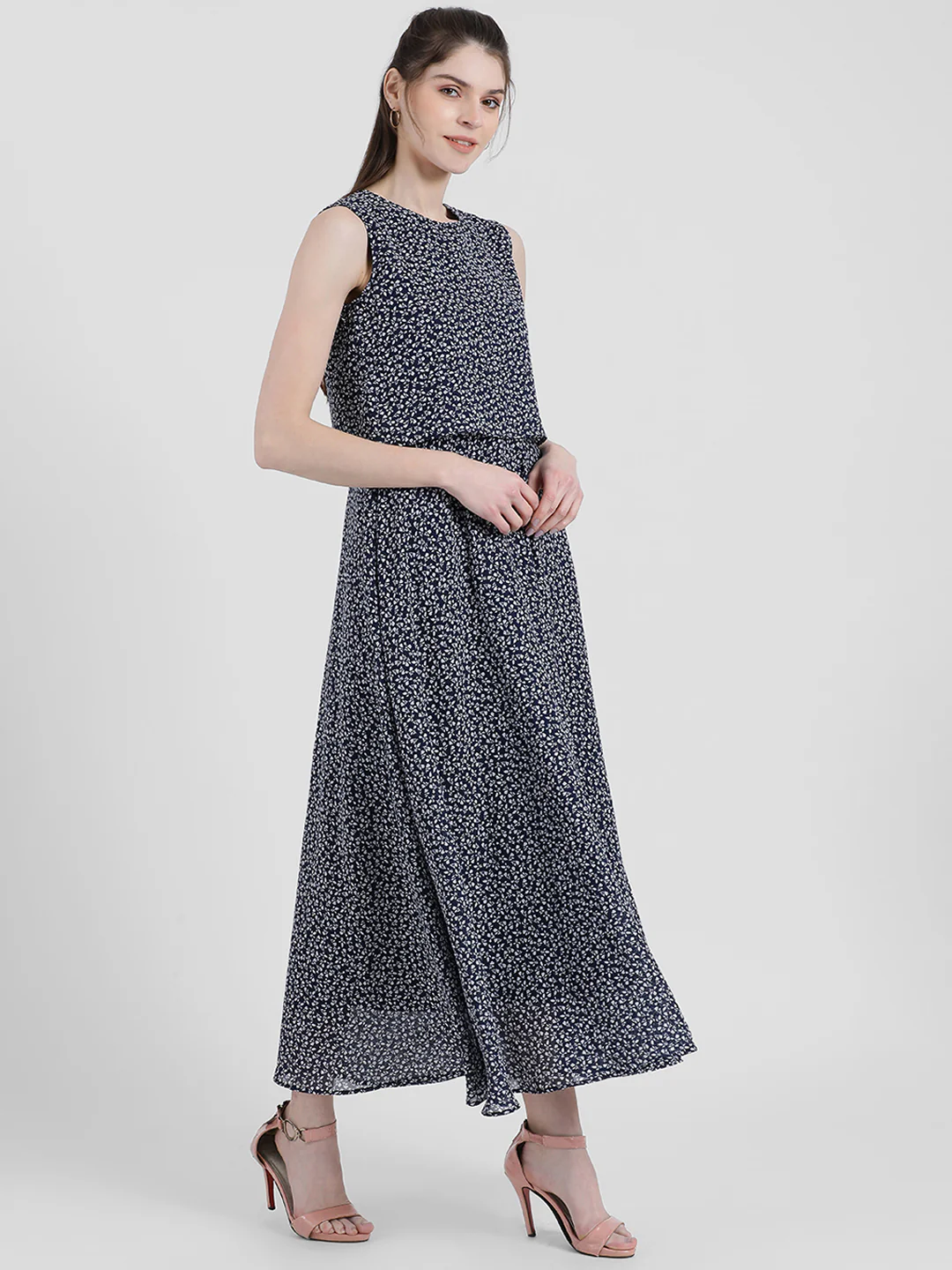 Blue Floral Print Layered Maxi Dress - Image 3