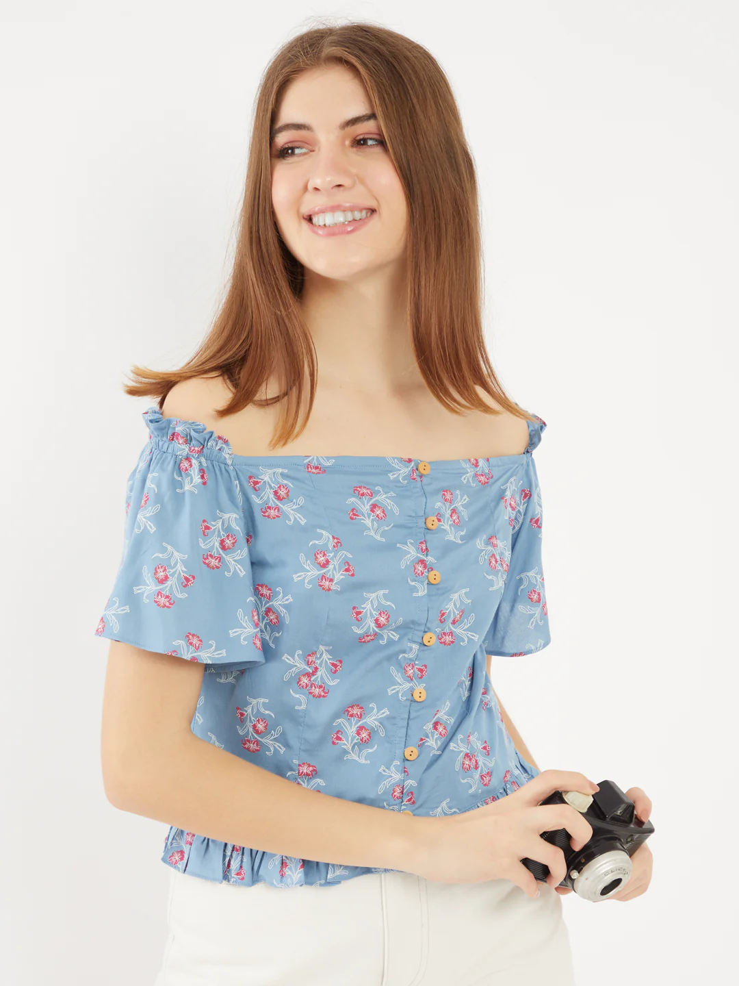 Blue Printed Off-shoulder Top