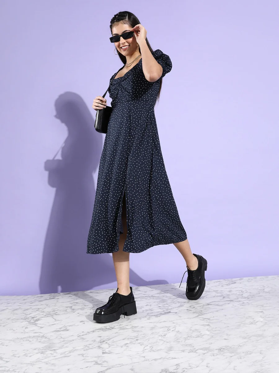 Blue Printed Puff Sleeve Midi Dress