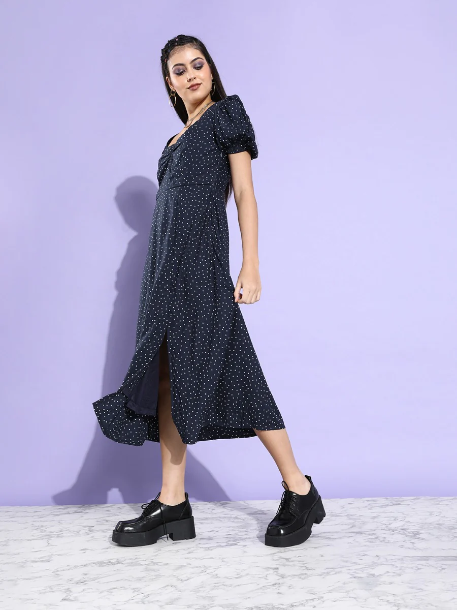 Blue Printed Puff Sleeve Midi Dress - Image 3
