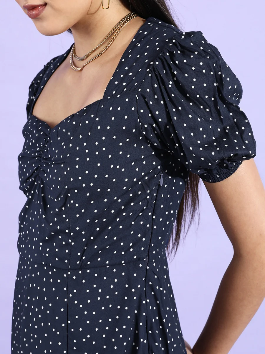 Blue Printed Puff Sleeve Midi Dress - Image 4