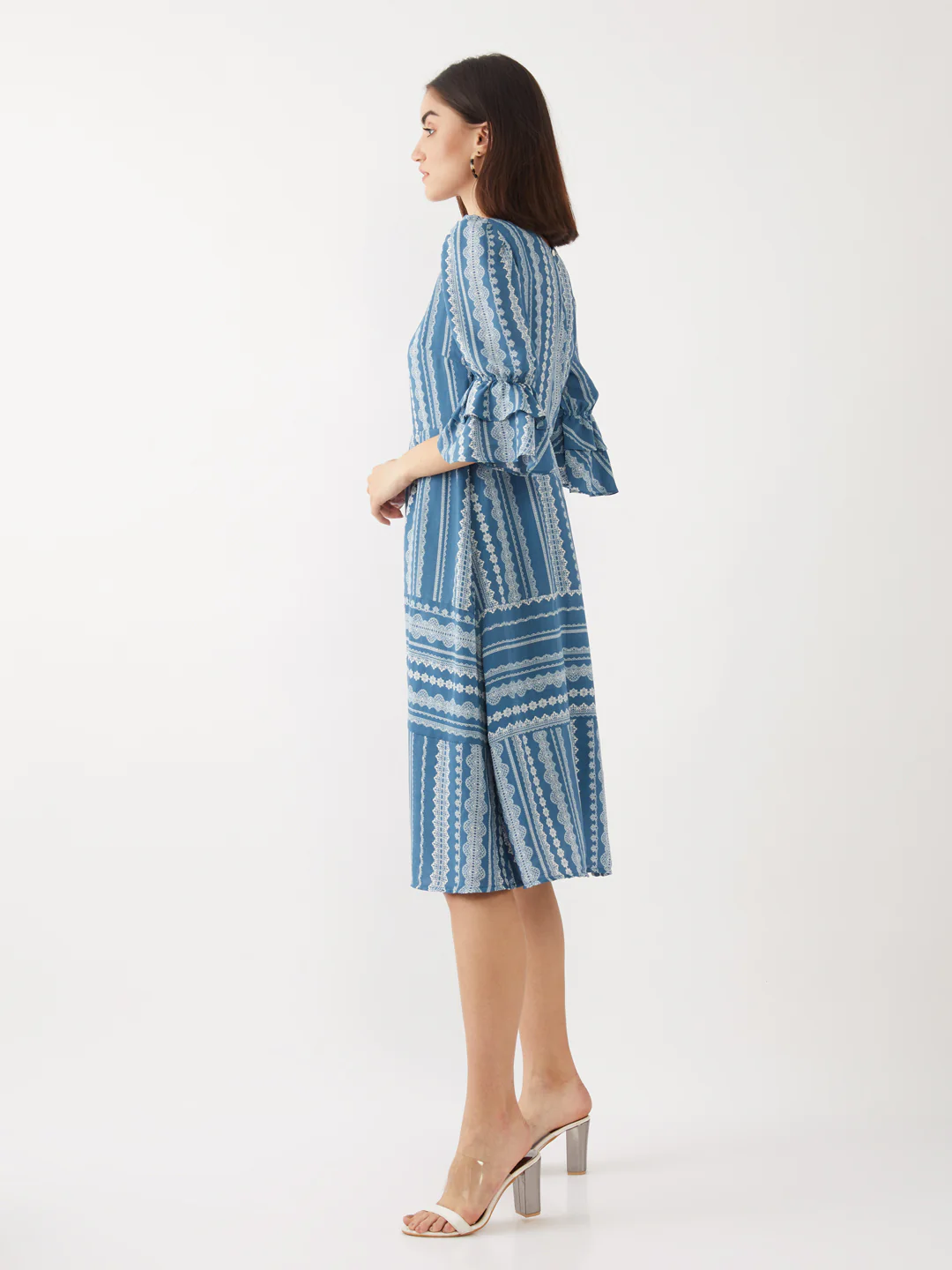 Blue Printed Puff Sleeve Midi - Image 3