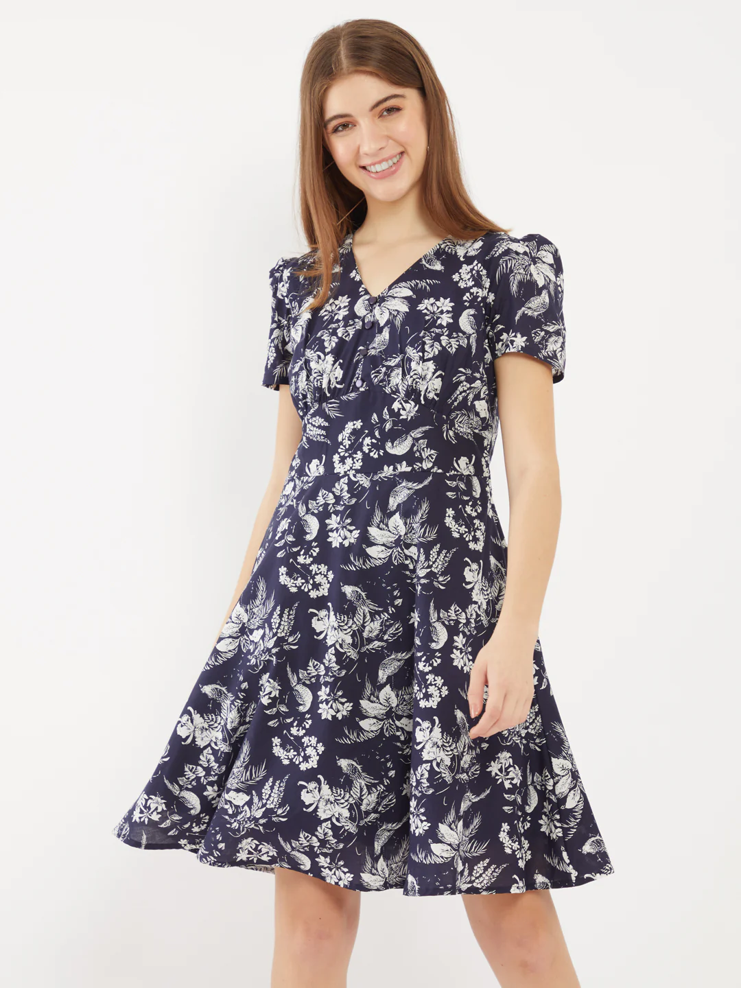 Blue Printed Puff Sleeve Short Dress - Image 2