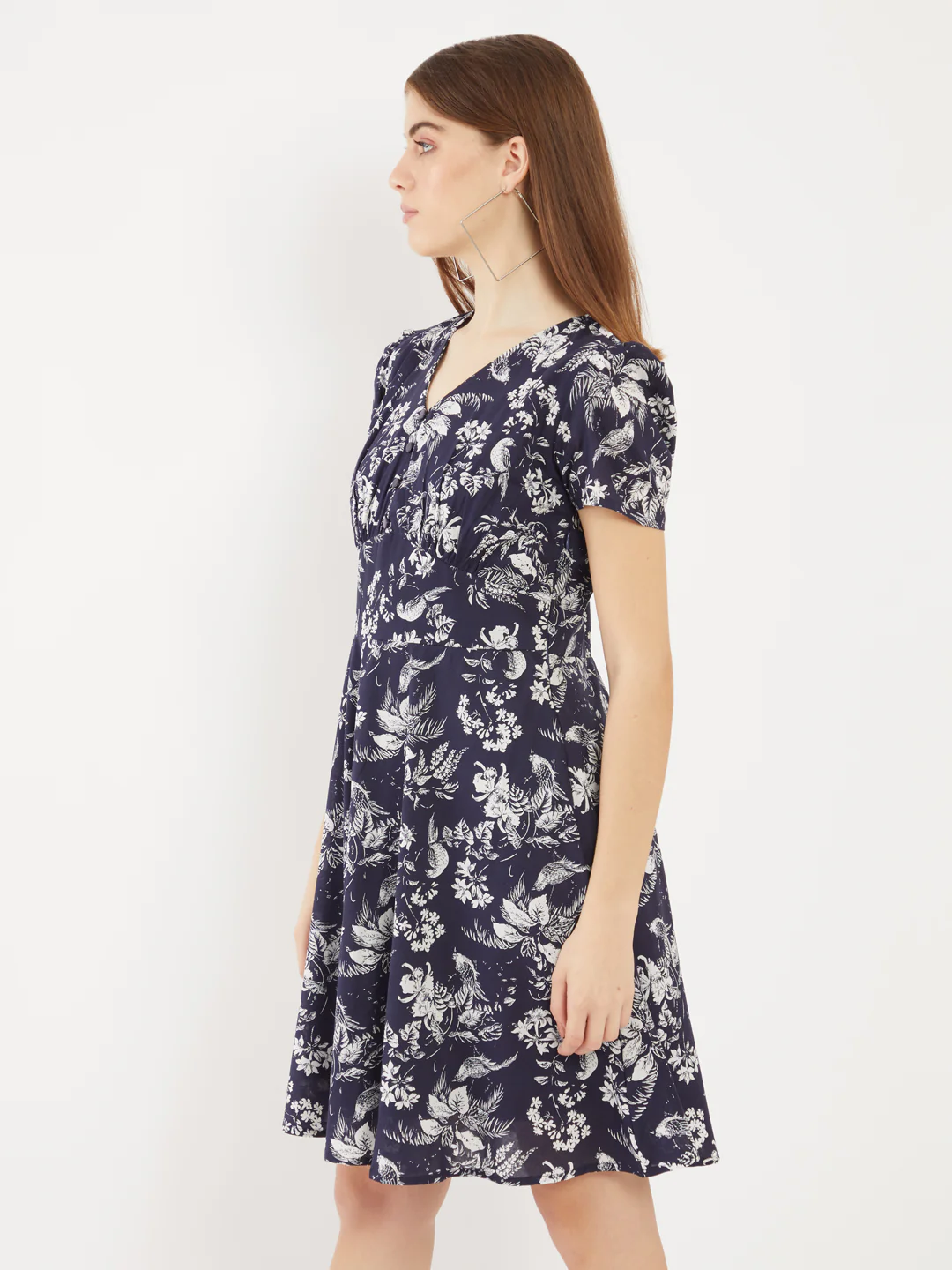 Blue Printed Puff Sleeve Short Dress - Image 3