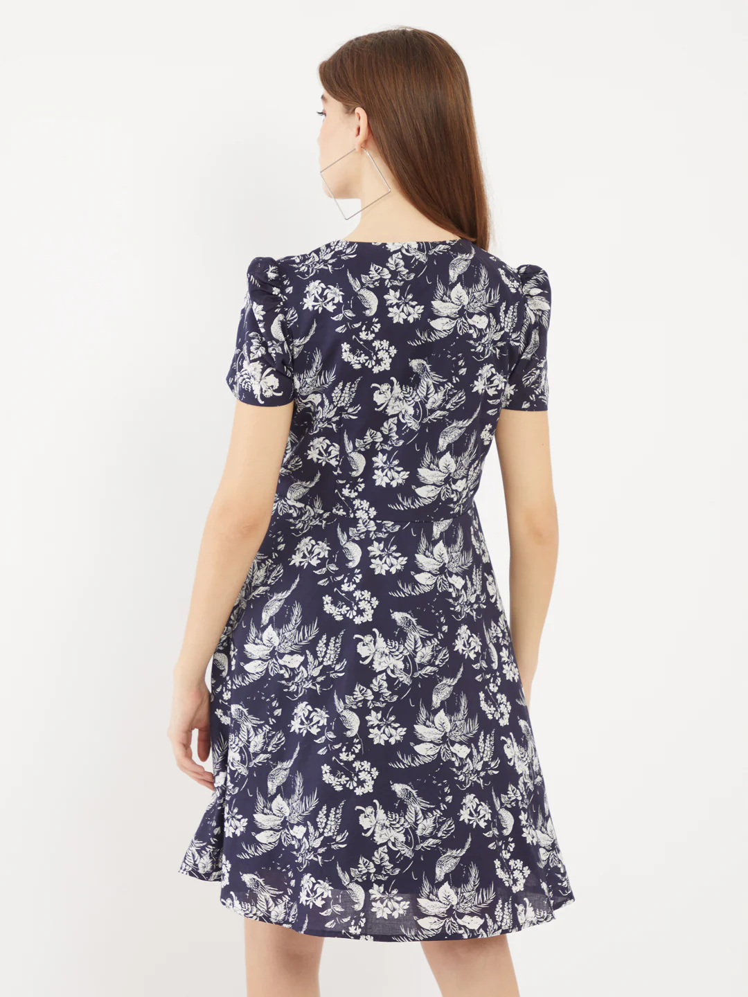 Blue Printed Puff Sleeve Short Dress - Image 4
