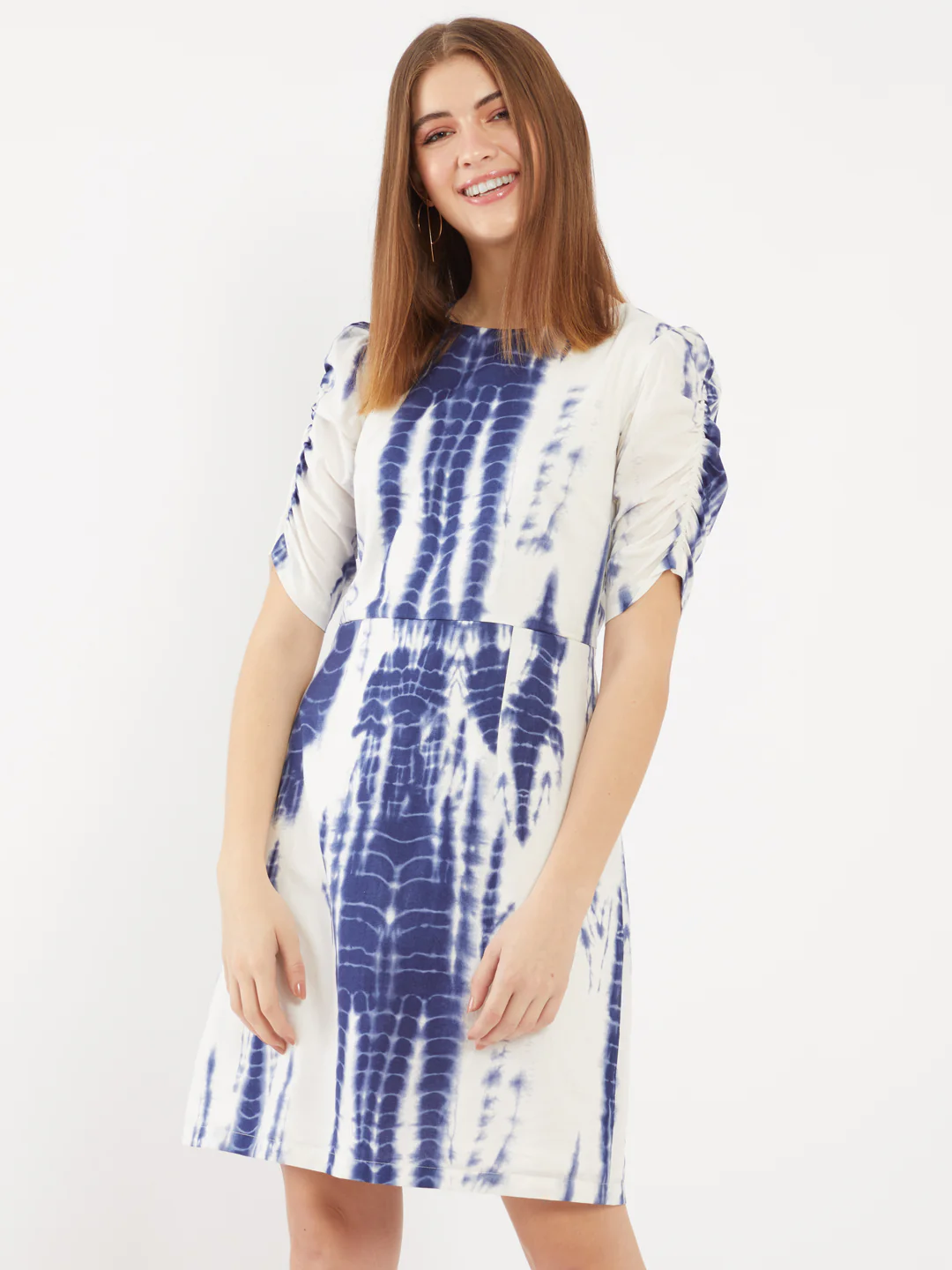 Blue Printed Puff Sleeve Short Dress - Image 2