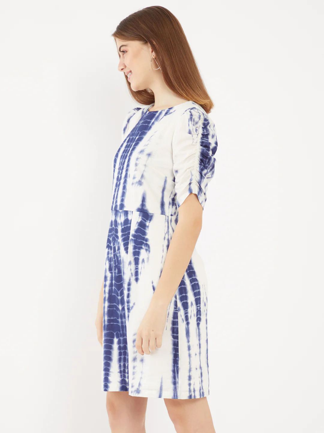Blue Printed Puff Sleeve Short Dress - Image 3