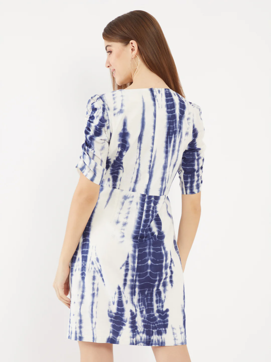 Blue Printed Puff Sleeve Short Dress - Image 4