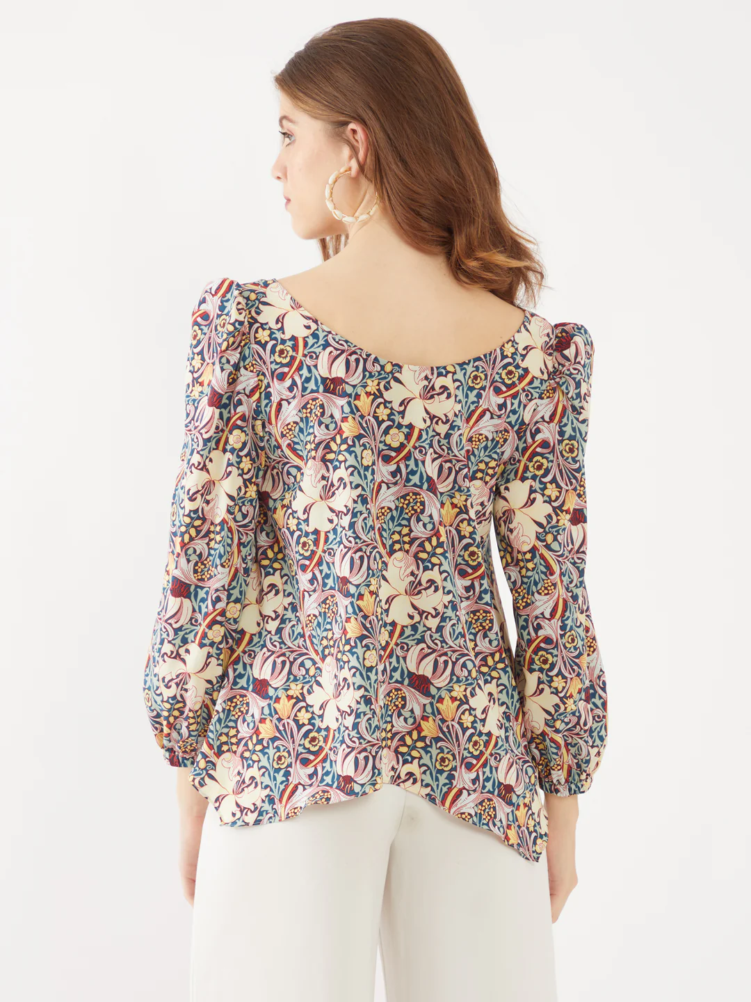 Blue Printed Puff Sleeve Top - Image 4