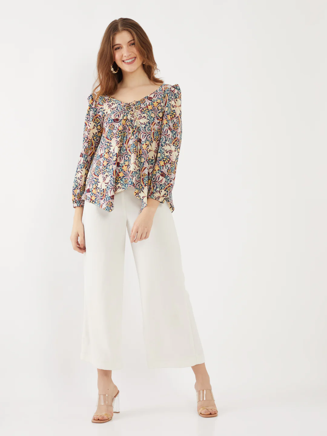 Blue Printed Puff Sleeve Top - Image 5