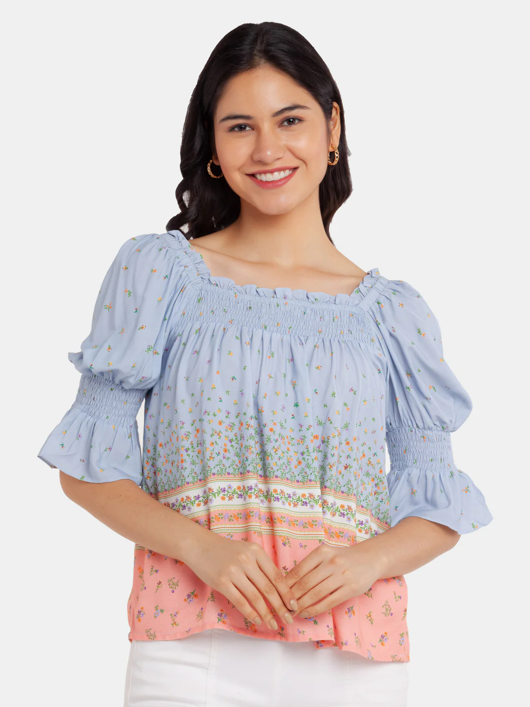 Blue Printed Puff Sleeve Top - Image 2