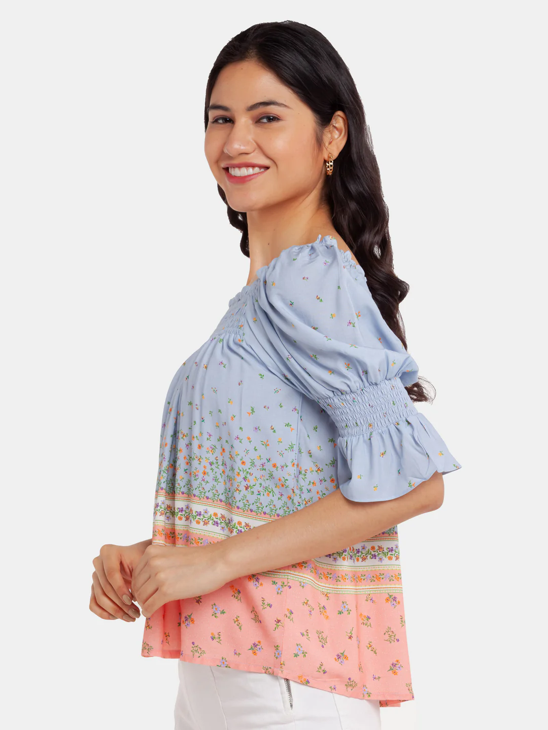 Blue Printed Puff Sleeve Top - Image 3