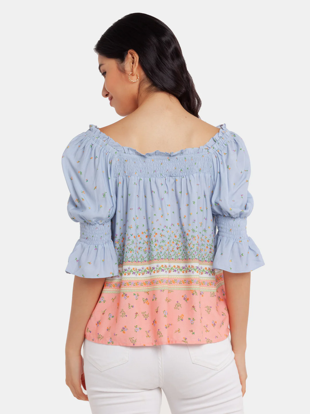 Blue Printed Puff Sleeve Top - Image 4
