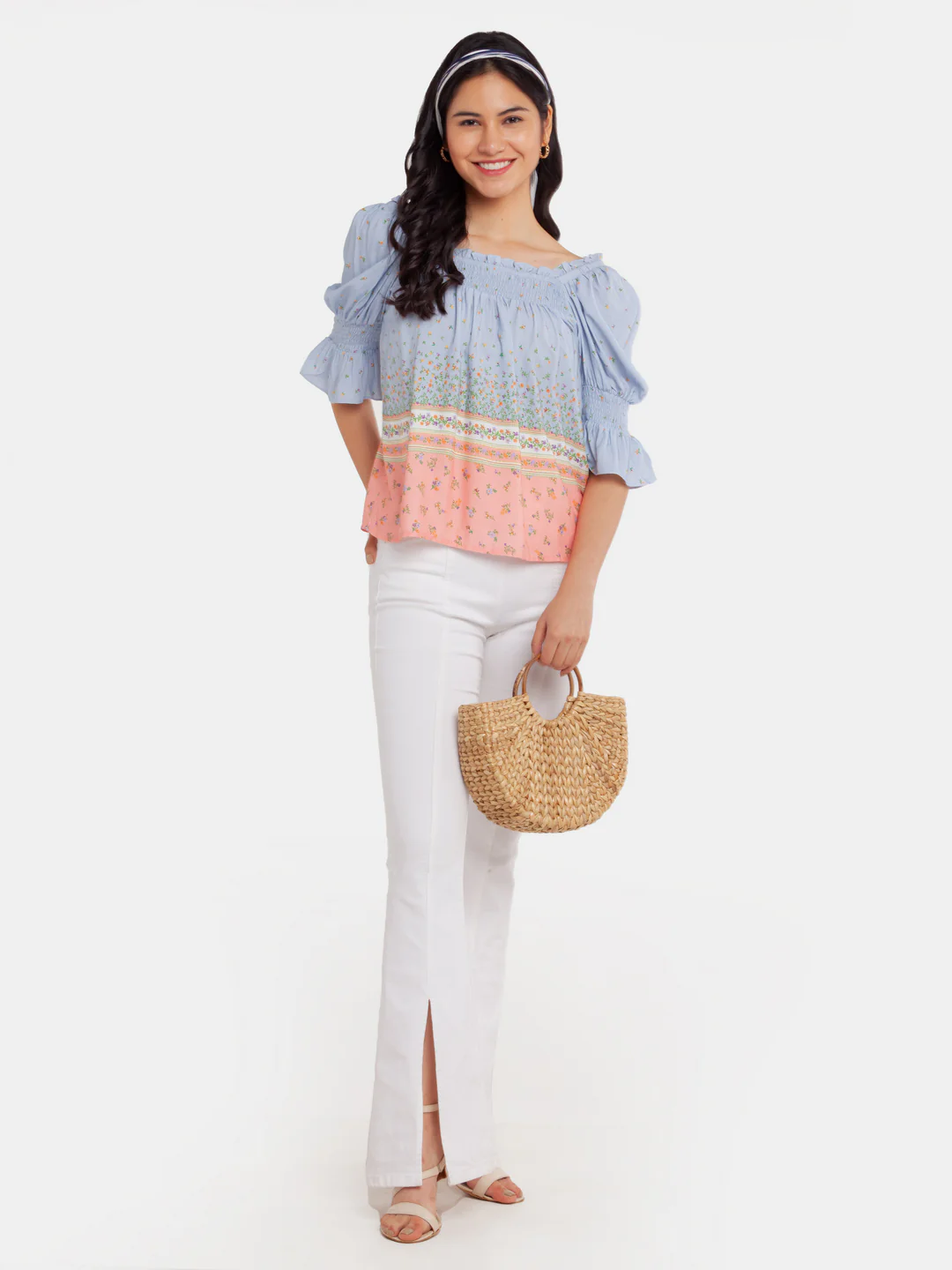 Blue Printed Puff Sleeve Top - Image 5