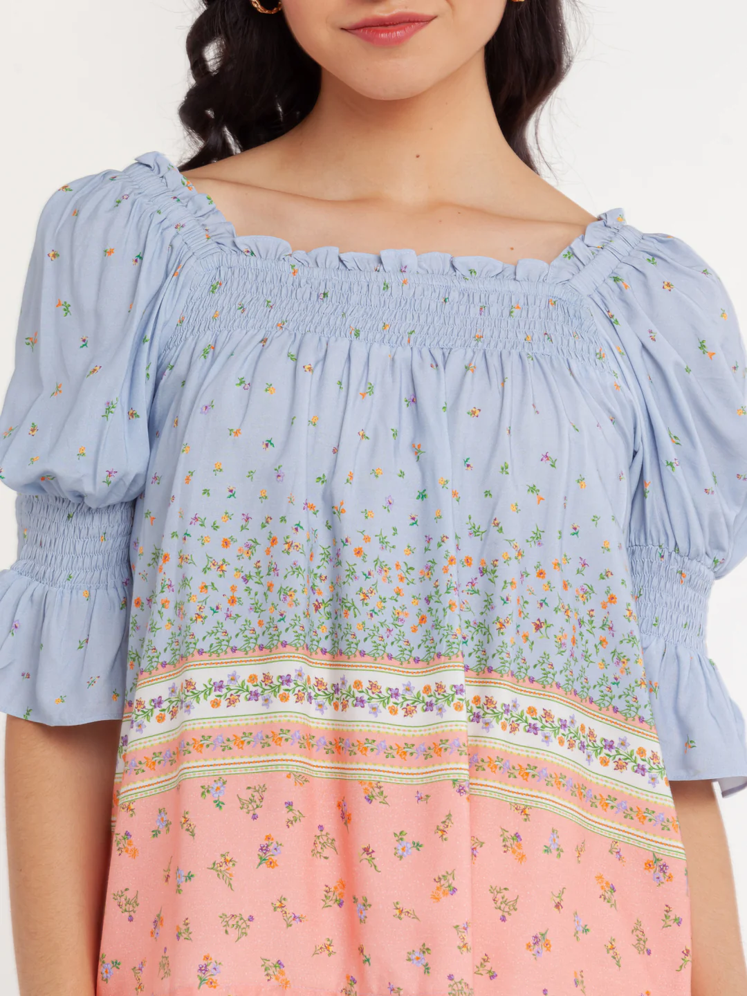 Blue Printed Puff Sleeve Top - Image 6